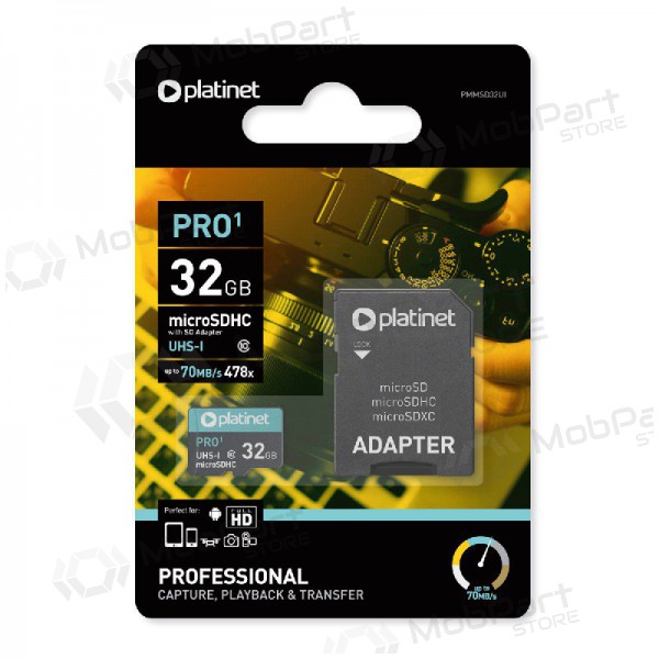 Atmiņas karte Platinet MicroSD 32GB (class10 UHS-I 70MB/S) + SD Adapteris