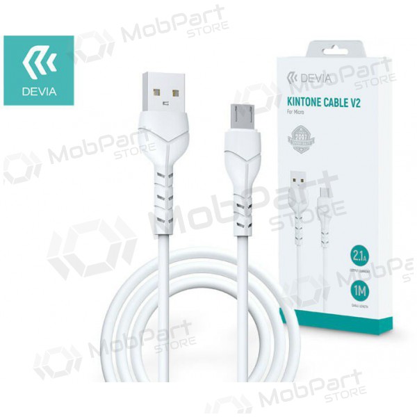 USB kabelis Devia Kintone microUSB 1.0m (balts) 5V 2.1A