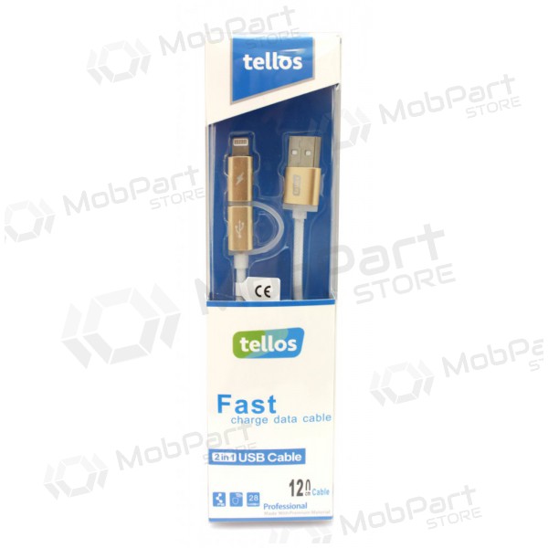 USB kabelis Tellos TPE 2in1 microUSB - Lightning (zelta) 1.2m