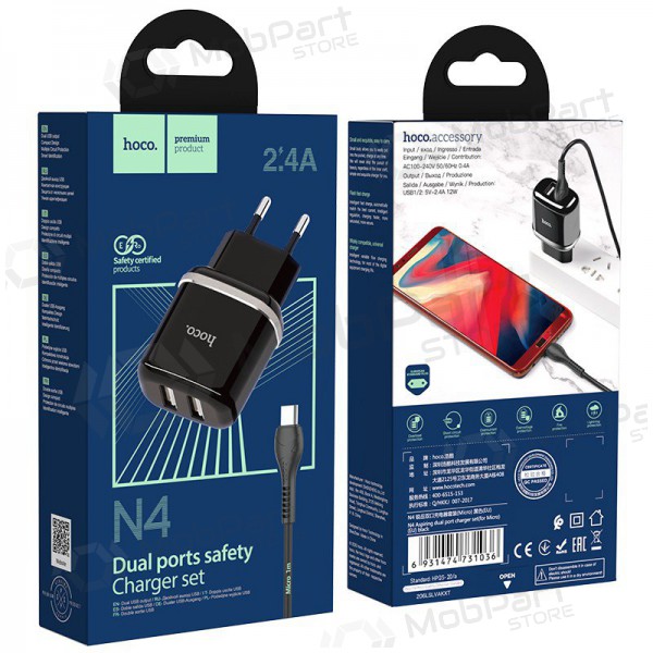 Lādētājs Hoco N4 + microUSB (2.4A) (melns)